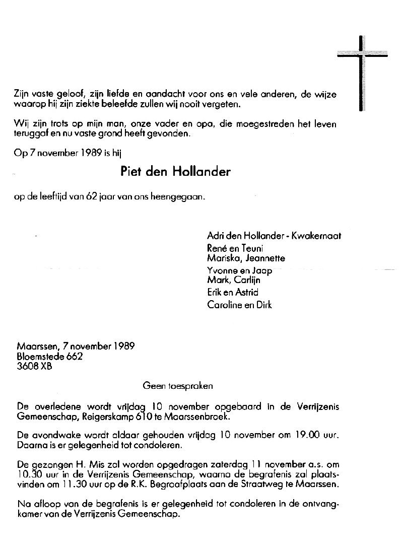 overlijdenskaart Piet den Hollander